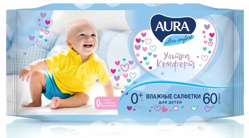 Aura Влажные салфетки ultra comfort sensitive с алое, 60 шт