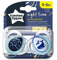 Tommee Tippee Пустышка силиконовая Night Time Balenute, 0-6 месяцев, 2 штуки					