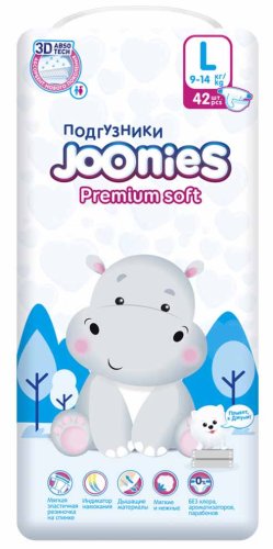 Joonies Подгузники Premium Soft L (9-14 кг), 42 штуки